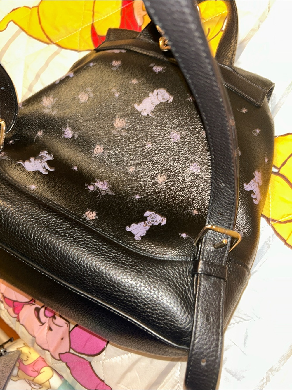 101 Dalmatian Coach Black Leather Backpack with Lavender & Floral Print - Picture 15 of 16